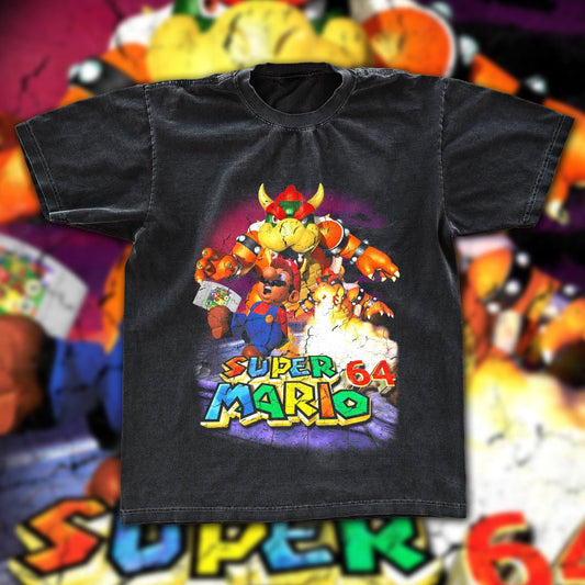 Super Mario 64 Bowser Battle Vintage Fan Tee | Nintendo Gaming Graphic Shirt | Dark Washed Retro Gamer Gift - Tuli Clothing