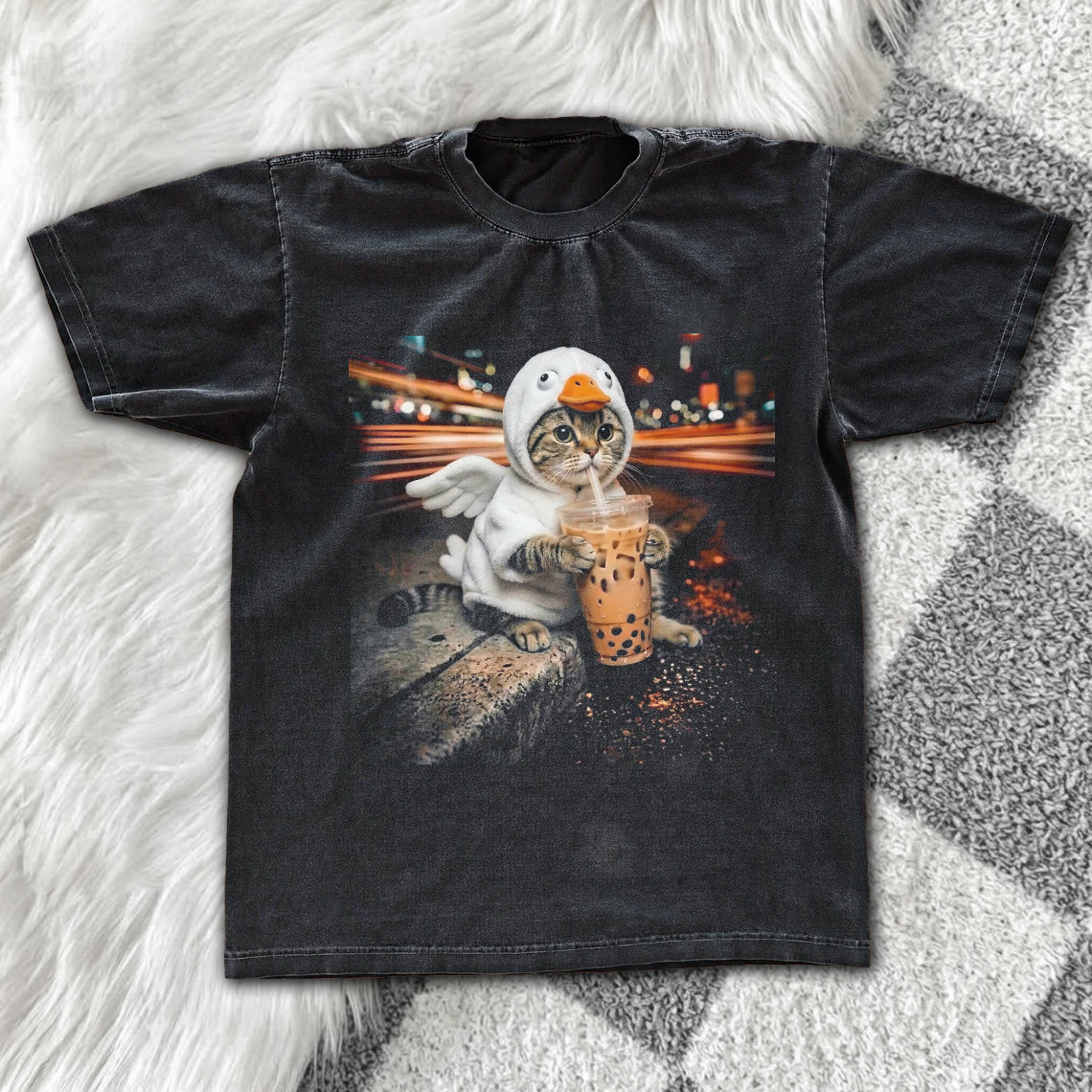 Funny Cat Duck Costume Boba Tea Graphic Tee – Vintage Grunge Oversized Washed Shirt Gift