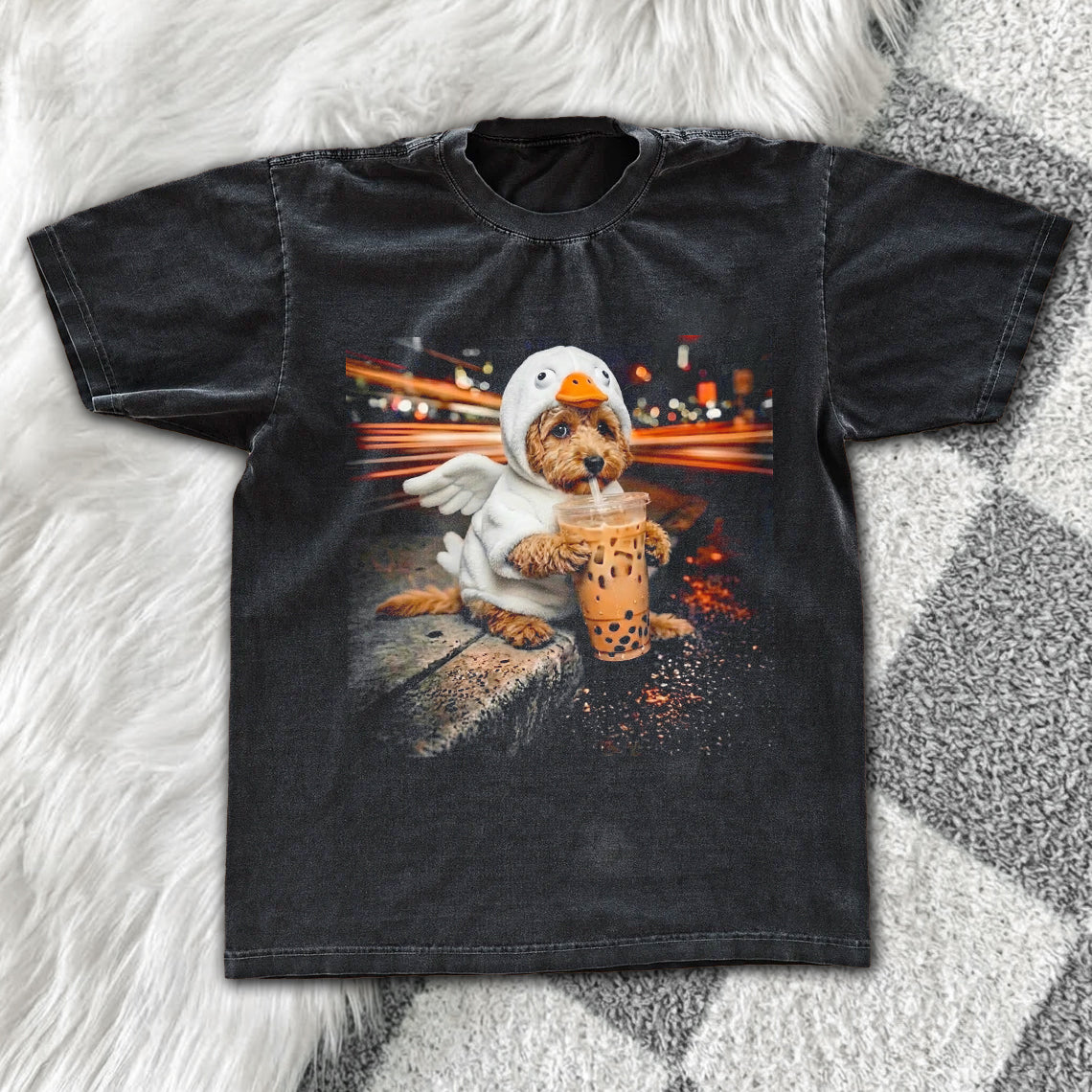Funny Dog Duck Costume Boba Tea Graphic Tee – Vintage Grunge Oversized Washed Shirt Gift