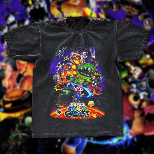 Super Mario Galaxy Vintage Graphic Tee | Nintendo Fan Art Shirt | Dark Washed Gaming Graphic Tee