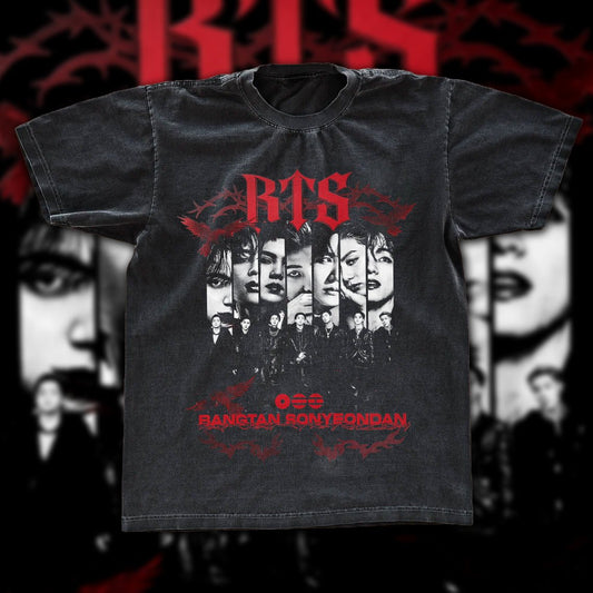 BTS RTS Bangtan Sonyeondan Gothic Dark Vintage Fan Tee | ARMY Photo Graphic Shirt | Dark Washed Kpop Merch - Tuli Clothing