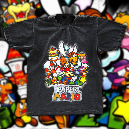 Paper Mario Vintage Fan Graphic Tee | Nintendo Gaming Gift Shirt | Dark Washed Retro Game Tee