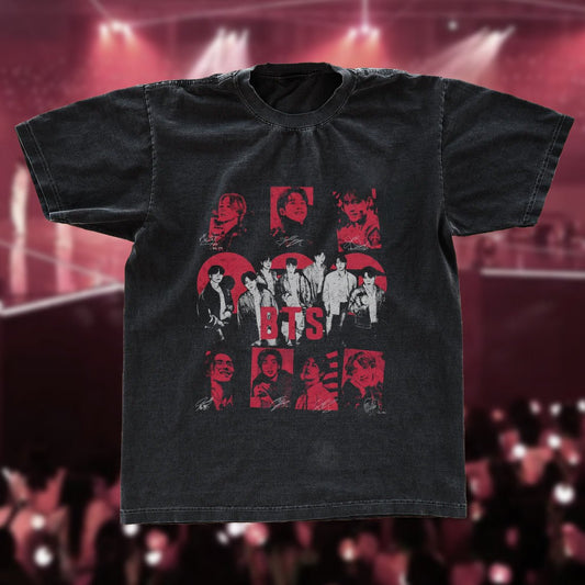 BTS Vintage Bootleg Fan Tee | 7 Members Photo Grid Graphic Shirt | Dark Washed Kpop Fan Merch - Tuli Clothing
