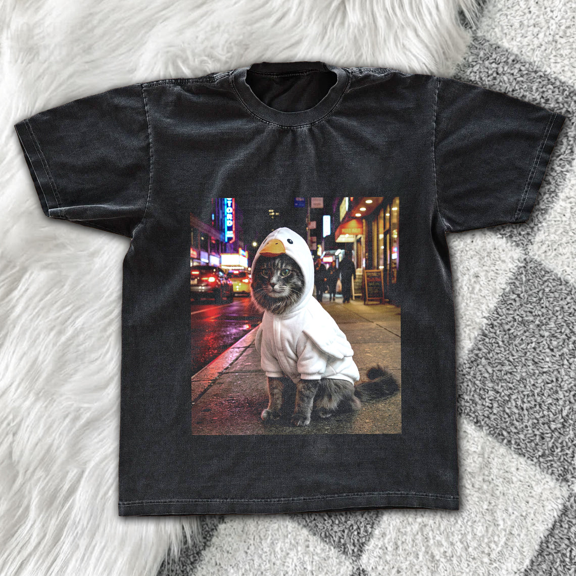 Funny Cat in Duck Costume Graphic Tee – Vintage Grunge Oversized Washed City Streetwear Shirt