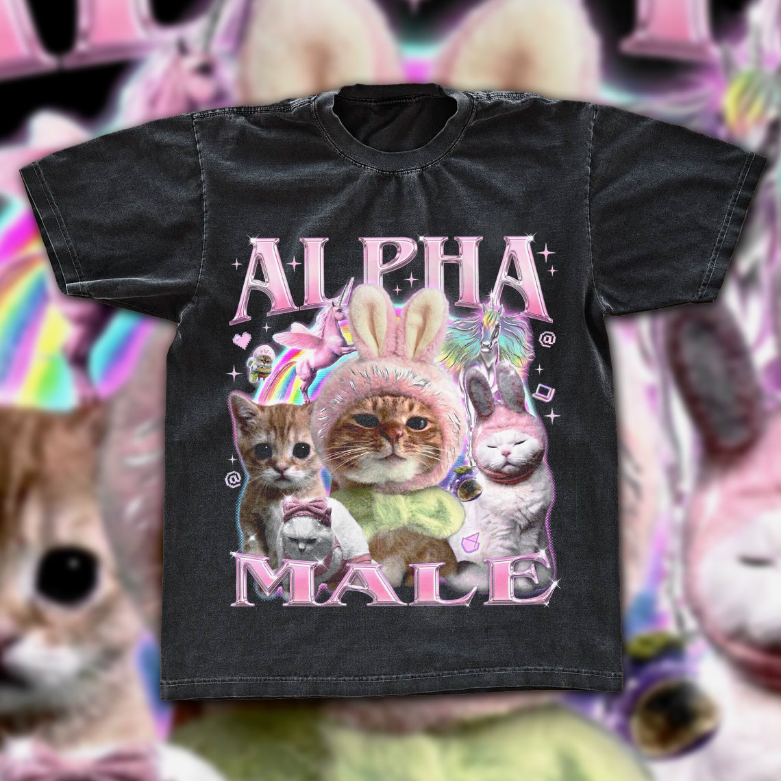 Alpha Male Funny Cat Bootleg Tee – Ironic 90s Vintage Rap Style Oversized Washed Shirt