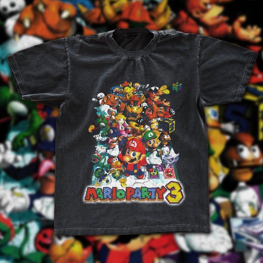 Mario Party 3 Vintage Fan Graphic Tee | Nintendo N64 Party Game Gift Shirt | Dark Washed Retro Gamer Tee