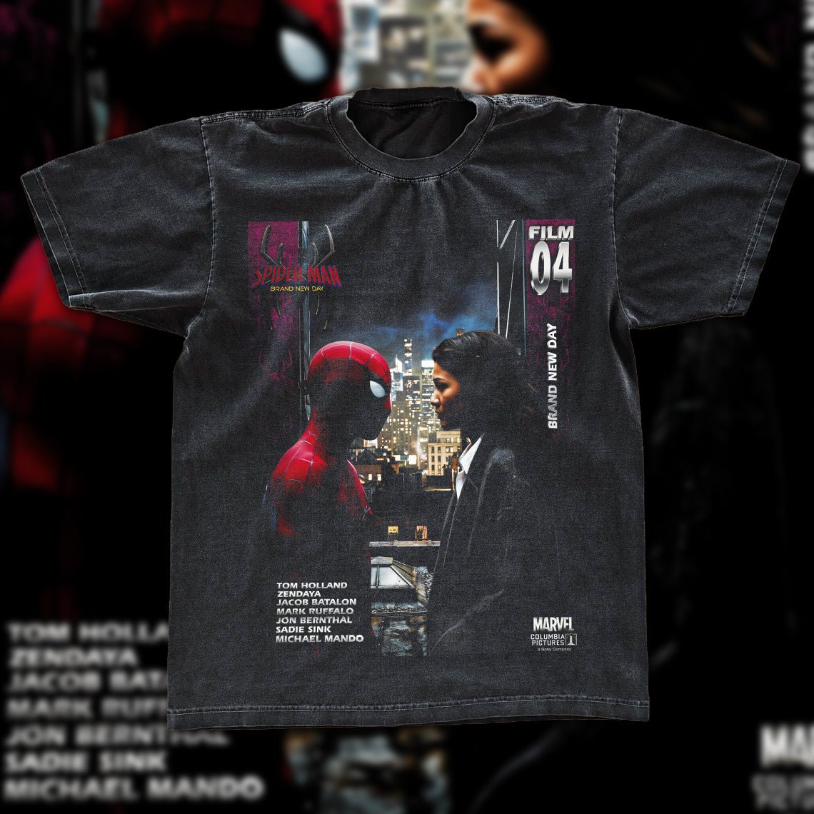 Spider - Man Brand New Day Film 04 Romance Vintage Fan Tee | Spider - Man & MJ Rooftop Graphic Shirt | Dark Washed Marvel Fan Merch - Tuli Clothing