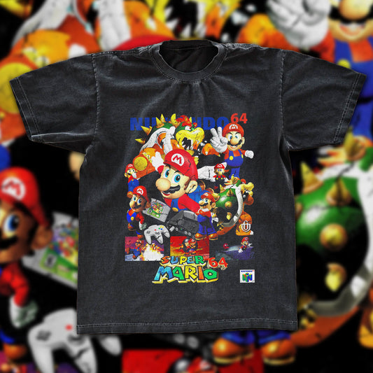 Super Mario 64 Mundo 64 Vintage Collage Tee | Nintendo N64 Fan Art Graphic Shirt | Dark Washed Retro Gaming Tee
