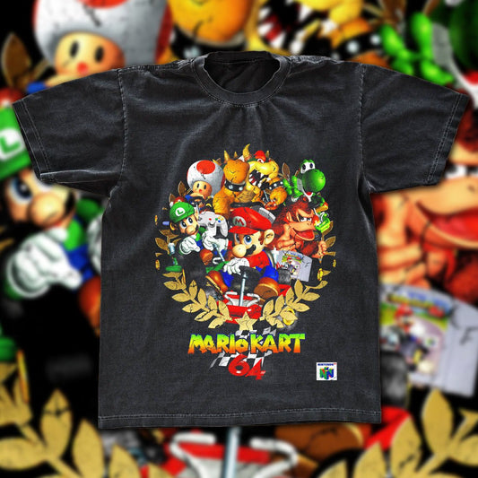 Mario Kart 64 Vintage Fan Graphic Tee | Nintendo Racing Game Gift Shirt | Dark Washed Retro Gamer Tee - Tuli Clothing