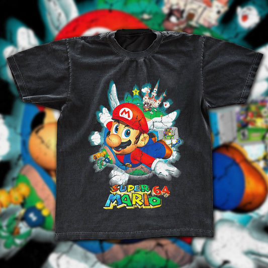Super Mario 64 Vintage Fan Graphic Tee | Nintendo N64 Gaming Gift Shirt | Dark Washed Retro Gamer Tee