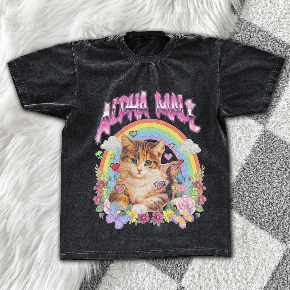 Alpha Male Funny Cat Graphic Tee – Ironic Y2K Meme Vintage Oversized Washed Shirt Gift