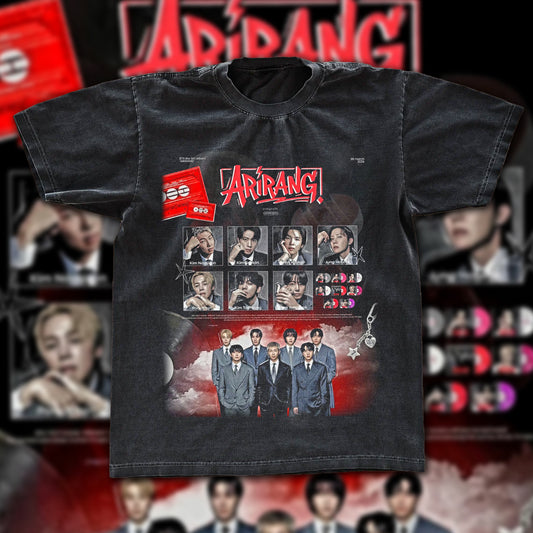 BTS Arirang 5th Album Vintage Fan Tee | All Members Photo Card Graphic Shirt | Dark Washed Kpop Merch