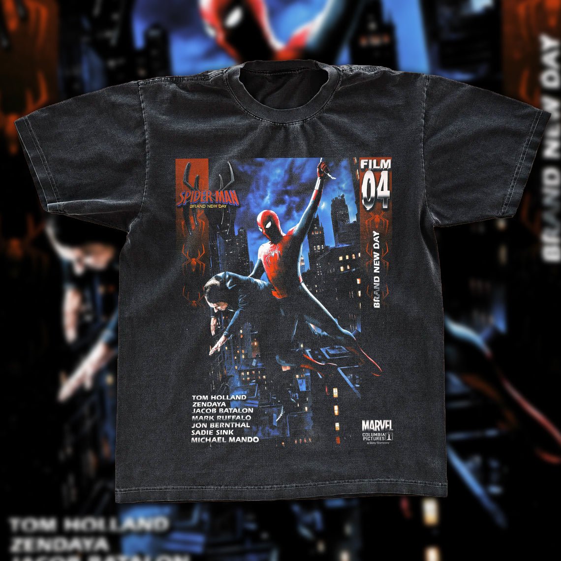 Spider - Man Brand New Day Film 04 Vintage Fan Tee | Tom Holland Zendaya Cast Graphic Shirt | Dark Washed Marvel Fan Merch - Tuli Clothing
