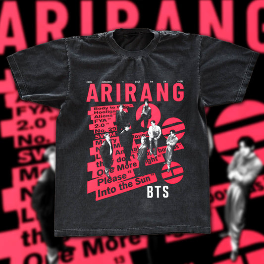 BTS Arirang Album Vintage Fan Tee | ARMY All Members Graphic Shirt | Dark Washed Kpop Merch Gift