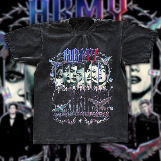 BTS Army Bangtan Sonyeondan Gothic Vintage Fan Tee | Dark Chrome ARMY Graphic Shirt | Dark Washed Kpop Merch
