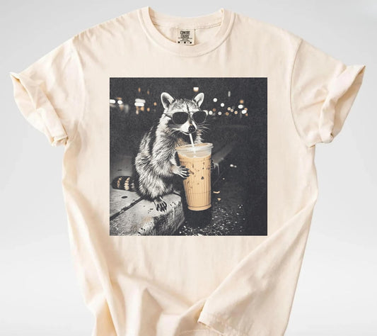 Raccoon Iced Coffee Comfort Colors Tee | Funny Coffee Lover Graphic Shirt | Dark Washed Animal Tee