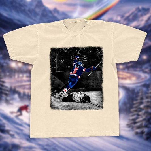 Number 5 Ice Warrior Vintage Graphic Tee | USA Hockey Action Bootleg Shirt | Dark Washed Unisex Tee - Tuli Clothing