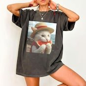 Funny Cat Straw Hat Tee | Pirate Cat Watermelon Shirt | Vintage Dark Wash Anime Cat Graphic Tee - Tuli Clothing