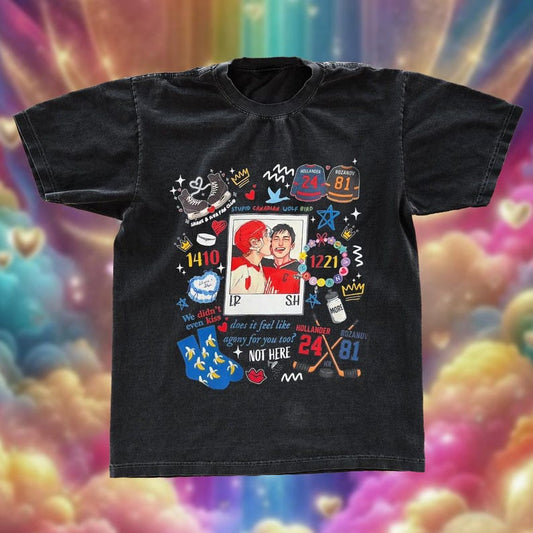 Hollander Rozanov HollaNov Doodle Fan Tee | Heated Rivalry Book Merch | Dark Washed Hockey Romance Shirt