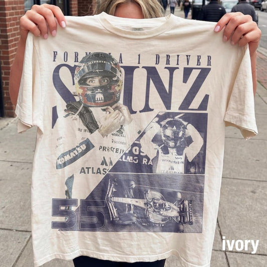 Carlos Sainz Formula 1 Vintage Bootleg Sweatshirt | F1 Driver 55 Fan Merch | Dark Wash Racing Crewneck - Tuli Clothing