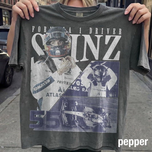 Carlos Sainz Formula 1 Vintage Bootleg Sweatshirt | F1 Driver 55 Fan Merch | Dark Wash Racing Crewneck - Tuli Clothing