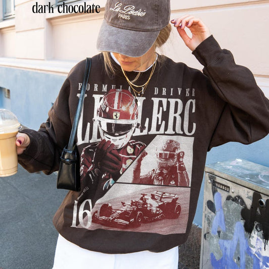 Charles Leclerc Formula 1 Vintage Bootleg Sweatshirt | F1 Driver 16 Ferrari Fan Crewneck | Dark Chocolate Racing Merch - Tuli Clothing