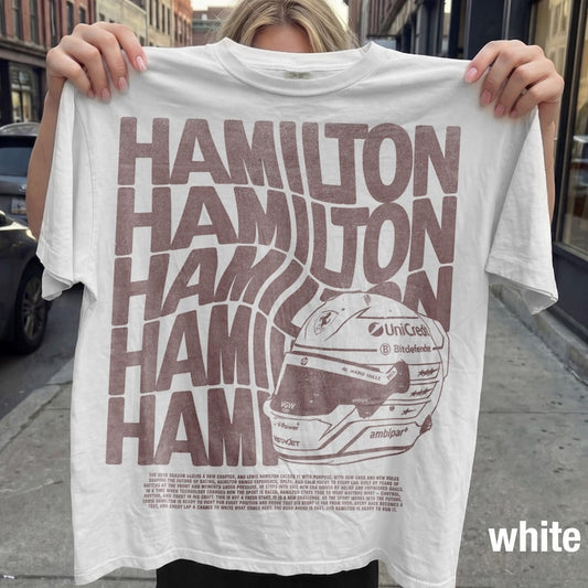 Hamilton F1 Typography Repeat Vintage Tee | Formula 1 Driver #44 Ferrari Fan Shirt | Comfort Colors White Racing Tee