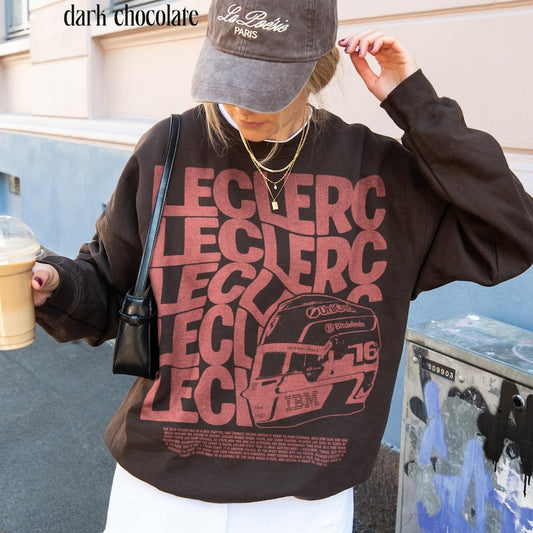 Leclerc F1 Typography Repeat Vintage Sweatshirt | Formula 1 Driver #16 Fan Crewneck | Black Racing Merch