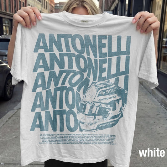 Antonelli F1 Typography Repeat Vintage Tee | Formula 1 Driver Mercedes Rookie Fan Shirt | Comfort Colors Black