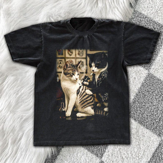 Funny Tattoo Cat Tee | Vintage Washed Cat Graphic Shirt | Edgy Cat Art Unisex Streetwear Gift