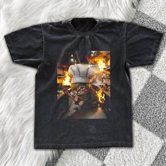 Funny Chef Cat On Fire Tee | Vintage Dark Wash Graphic Shirt | Meme Cat Unisex Streetwear Gift - Tuli Clothing