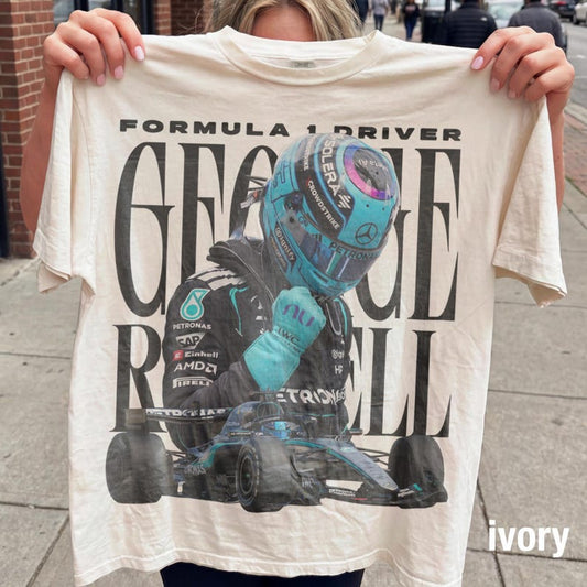 George Russell Formula 1 Vintage Fan Tee | F1 Driver 63 Mercedes Fan Shirt | Comfort Colors Black Racing Tee - Tuli Clothing
