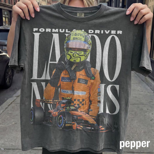 Lando Norris Formula 1 Vintage Fan Tee | F1 Driver 4 McLaren Fan Shirt | Comfort Colors Pepper Racing Tee - Tuli Clothing