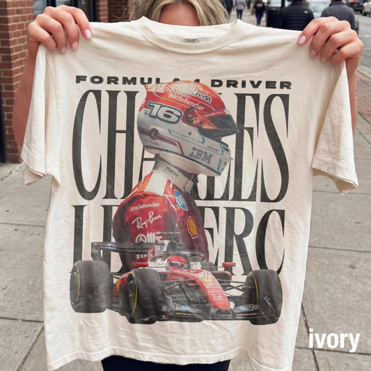 Charles Leclerc Formula 1 Vintage Fan Tee | F1 Driver #16 Ferrari Fan Shirt | Racing Graphic White Tee