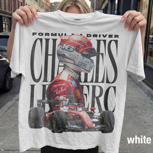 Charles Leclerc Formula 1 Vintage Fan Tee | F1 Driver #16 Ferrari Fan Shirt | Racing Graphic White Tee