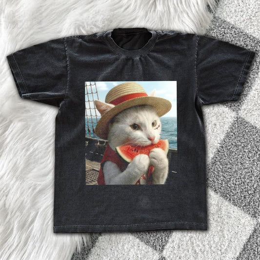 Funny Cat Straw Hat Tee | Pirate Cat Watermelon Shirt | Vintage Dark Wash Anime Cat Graphic Tee - Tuli Clothing