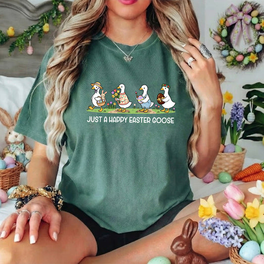 Just A Happy Easter Goose Comfort Colors Tee | Funny Easter Graphic Shirt | Easter Gift Women Sage Green - Tuli Clothing