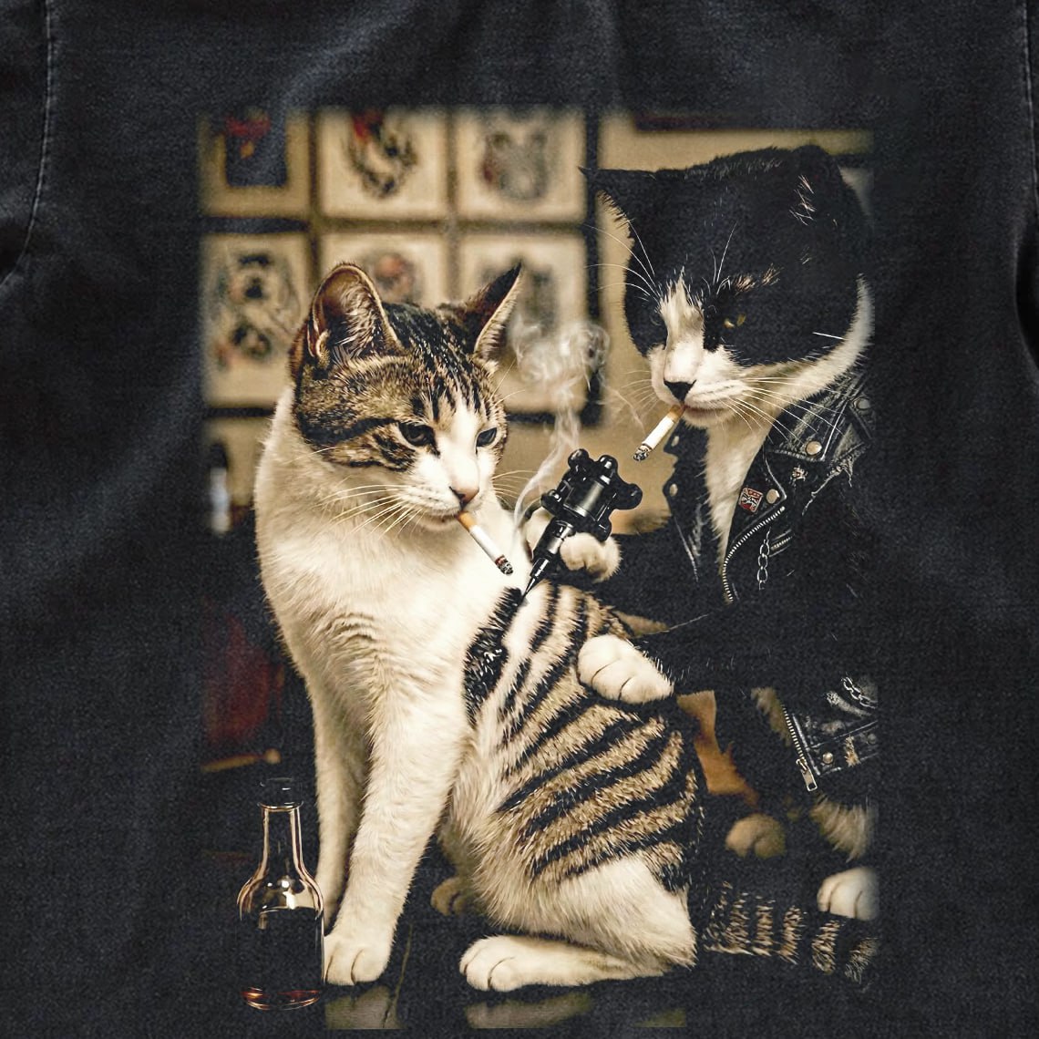 Vintage Cat Tattoo Graphic Tee – Funny Grunge Oversized Washed T-Shirt, Cat Lover Gift