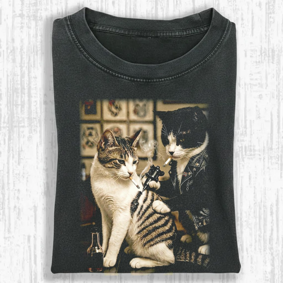 Vintage Cat Tattoo Graphic Tee – Funny Grunge Oversized Washed T-Shirt, Cat Lover Gift