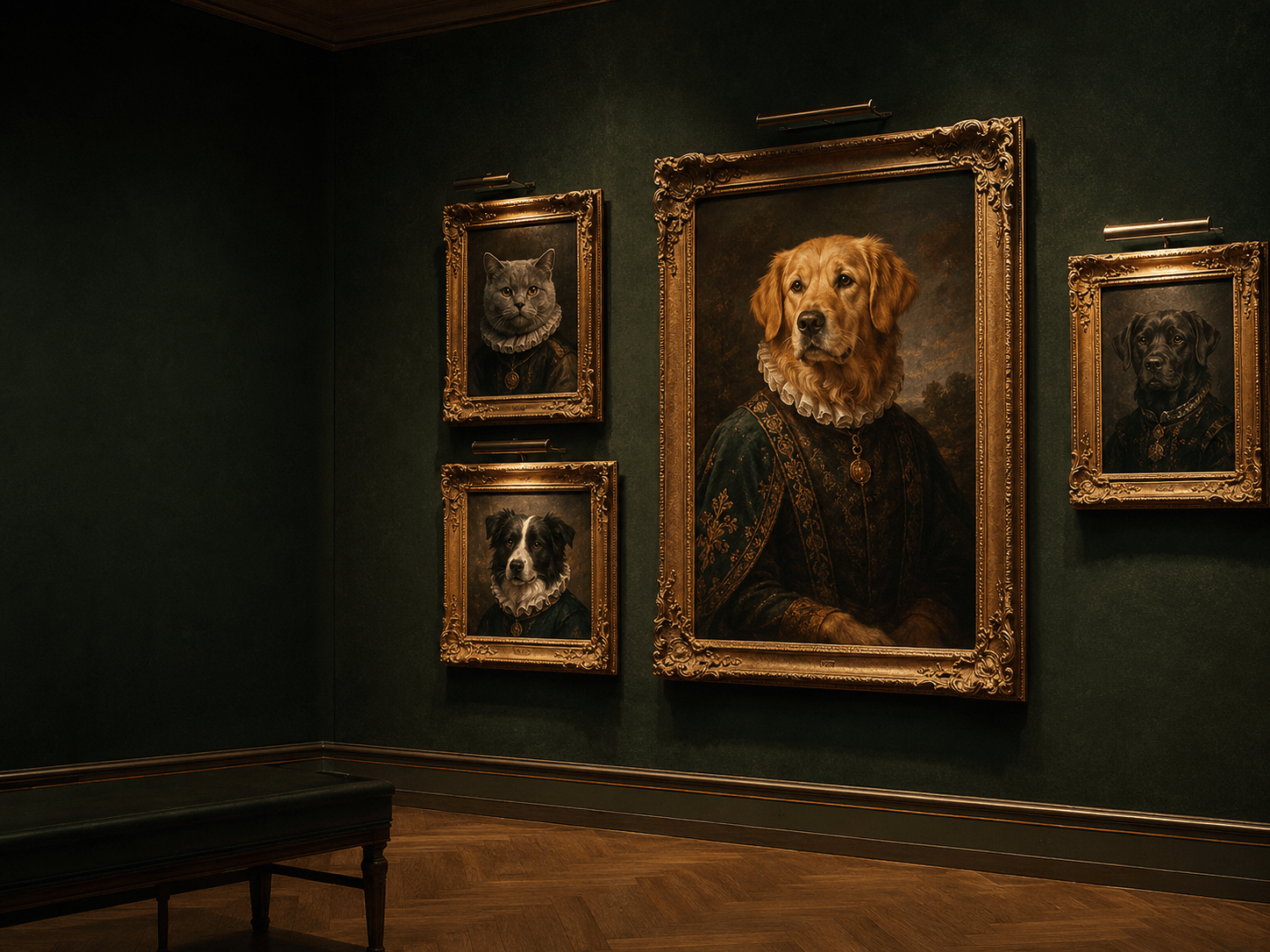Heirloom pet portrait gallery arrangement on a sunlit interior wall